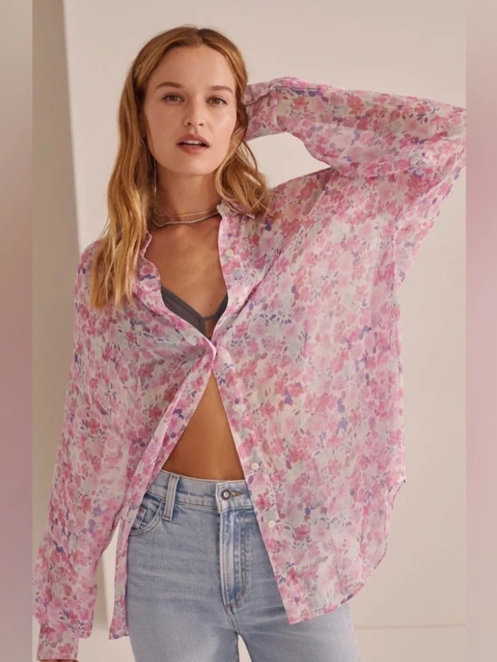 Favorite Daughter The Ez-Boyfriend Shirt Size S in  Sheer Pink Floral